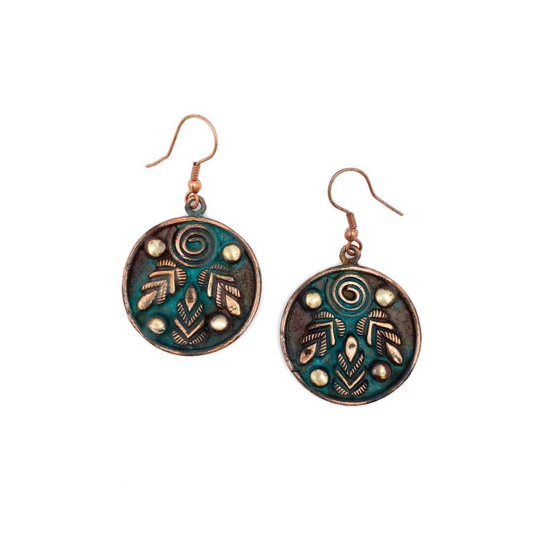 Copper Patina Earrings - Three Leaves and Spiral Teal Circle