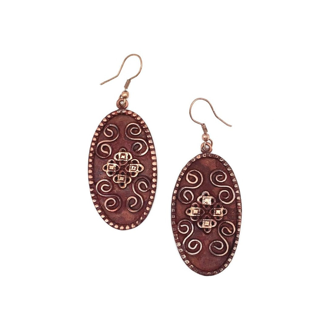 ANJU COPPER PATINA FILIGREE WITH SPIRALS BURGUNDY OVAL EARRINGS
