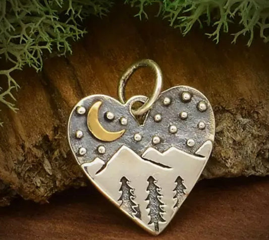 HANDMADE STERLING SILVER HEART CHARM WITH MOUNTAINS & BRONZE MOON by NINA DESIGNS®