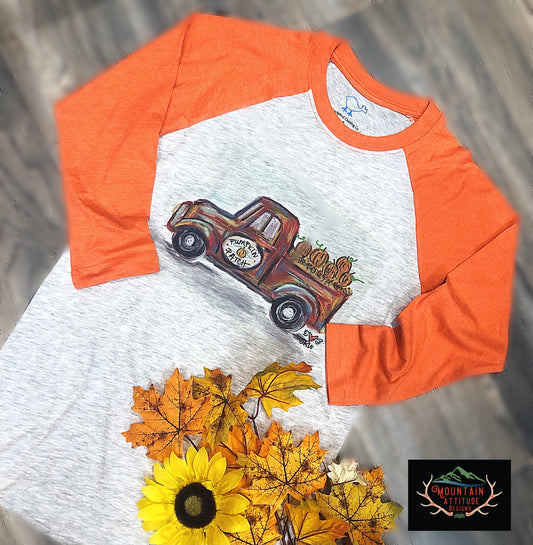 PUMPKIN PATCH TRUCK RAGLAN T-SHIRT by LuckyBird Clothing Co.