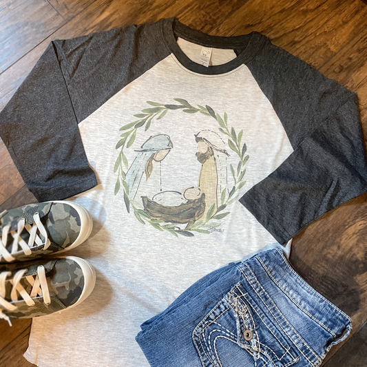 MANGER WREATH ON 3/4 BLACK SLEEVE RAGLAN