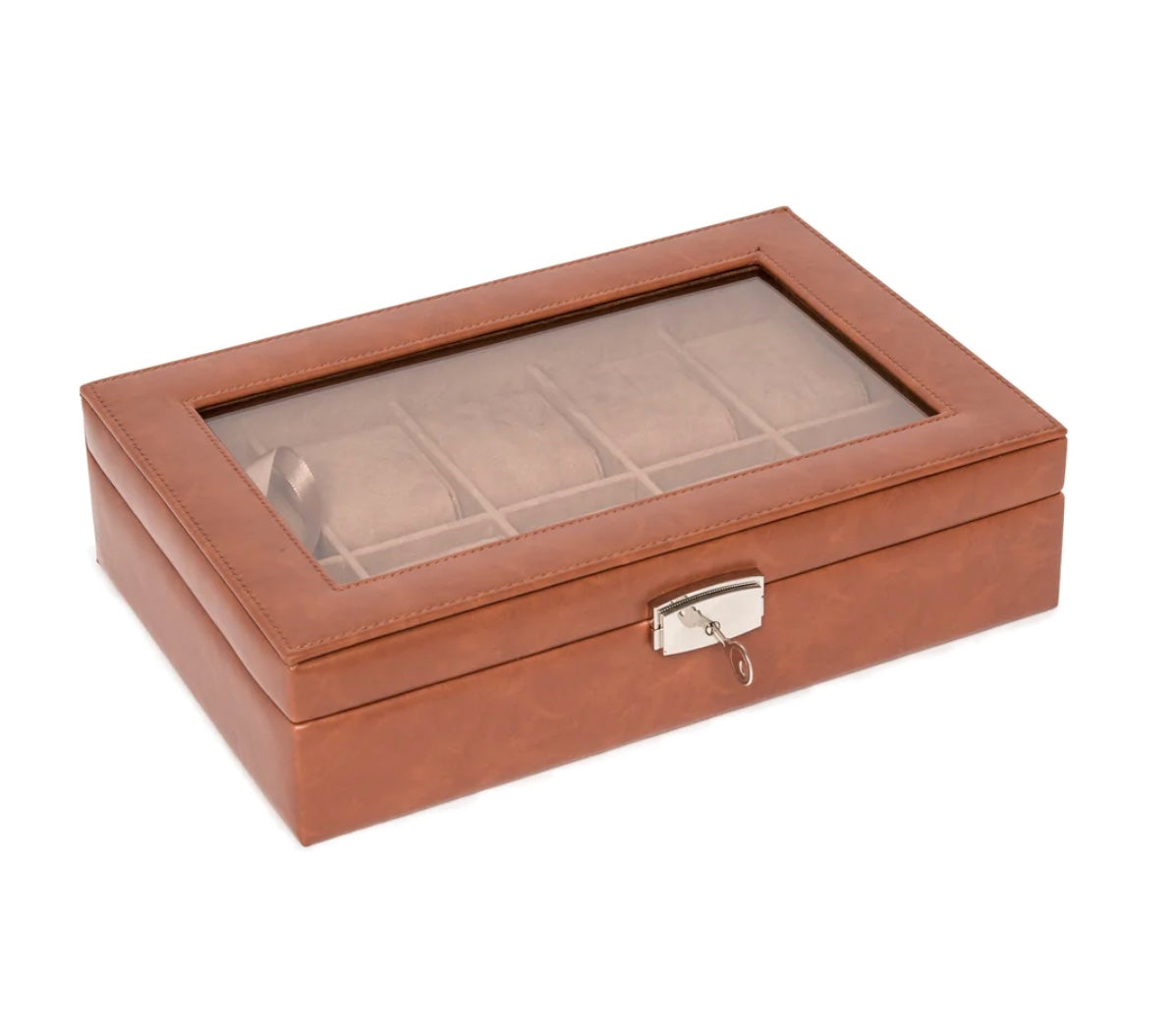 VEGAN LEATHER & WOOD WATCH BOX 10-SLOT WITH GLASS LID AND LOCK